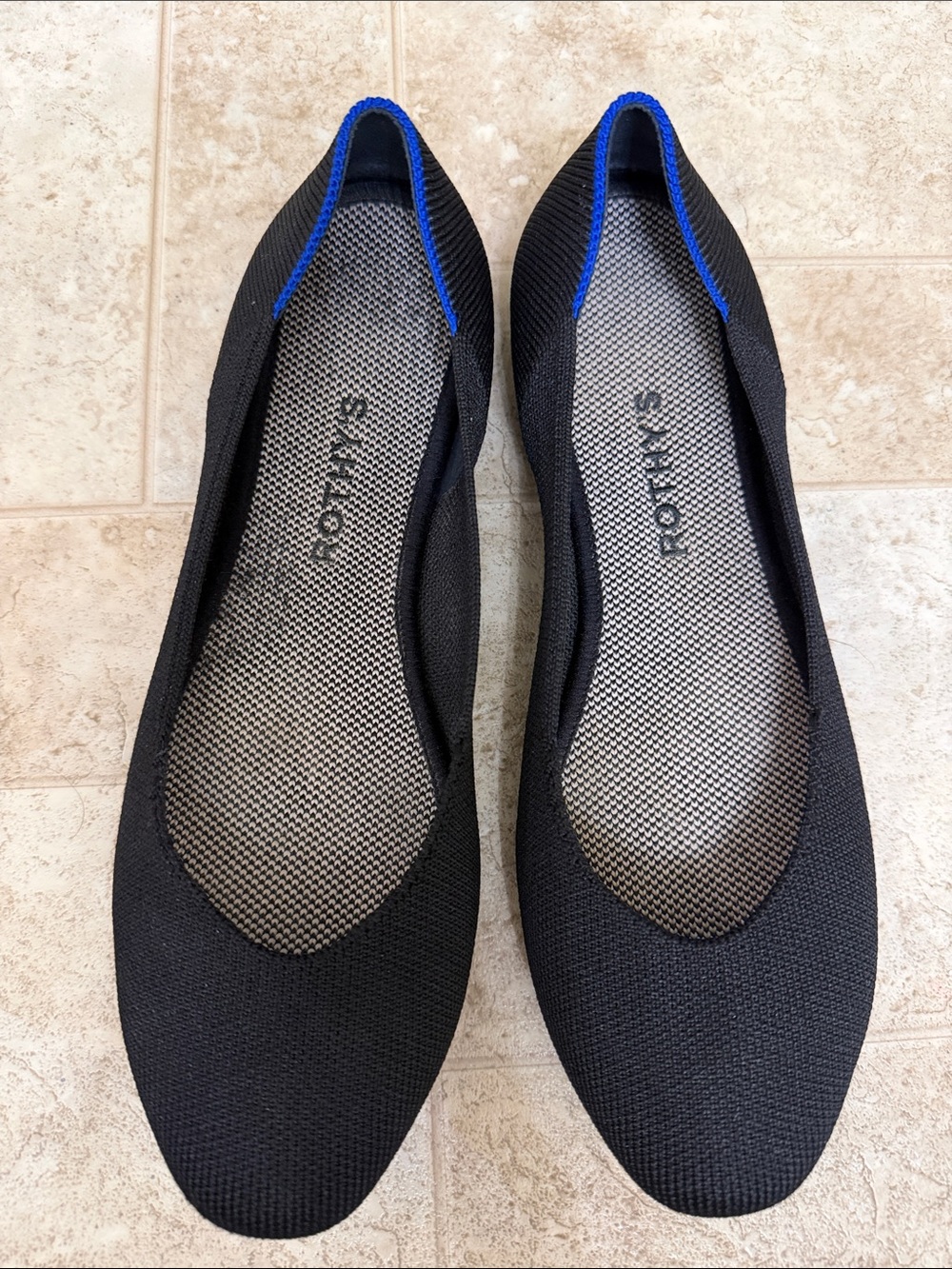 Rothy's Black Knit Slip-On Flats with Blue Accent